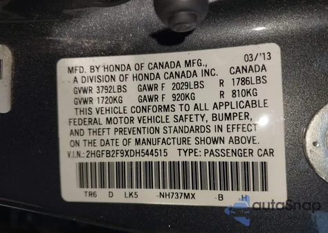 2013 Honda Civic Ex-L z USA, uszkodzony, nr VIN 2HGFB2F9XDH544515